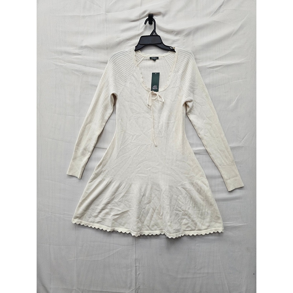 Wild Fable Womens Tie Front Scalloped Sweater Dress Cream Ribbed Size Large